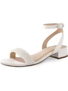 Women's White Pearl Strappy Open Toe Sandal Low Block Heel Flat Ankle Strap Shoe